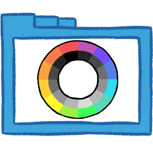 A hollow blue folder with thick lineart. Inside of it is the MOGAI circle, an O-shaped symbol with an outer ring of different colour blocks and an inner ring of different grayscale blocks.